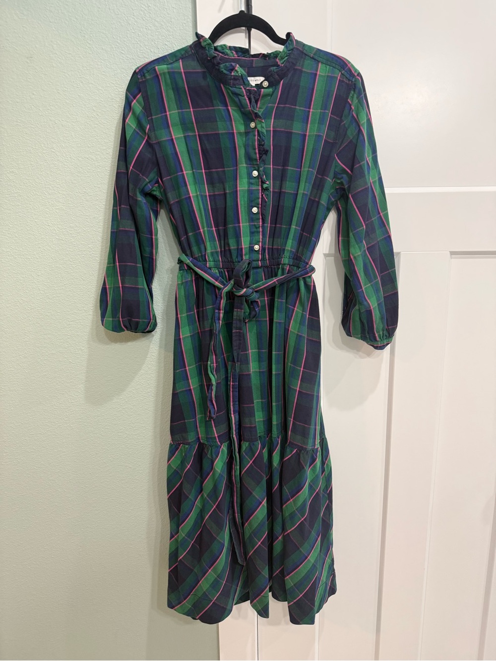 Green Plaid Button-Front Midi Dress with Tie Waist